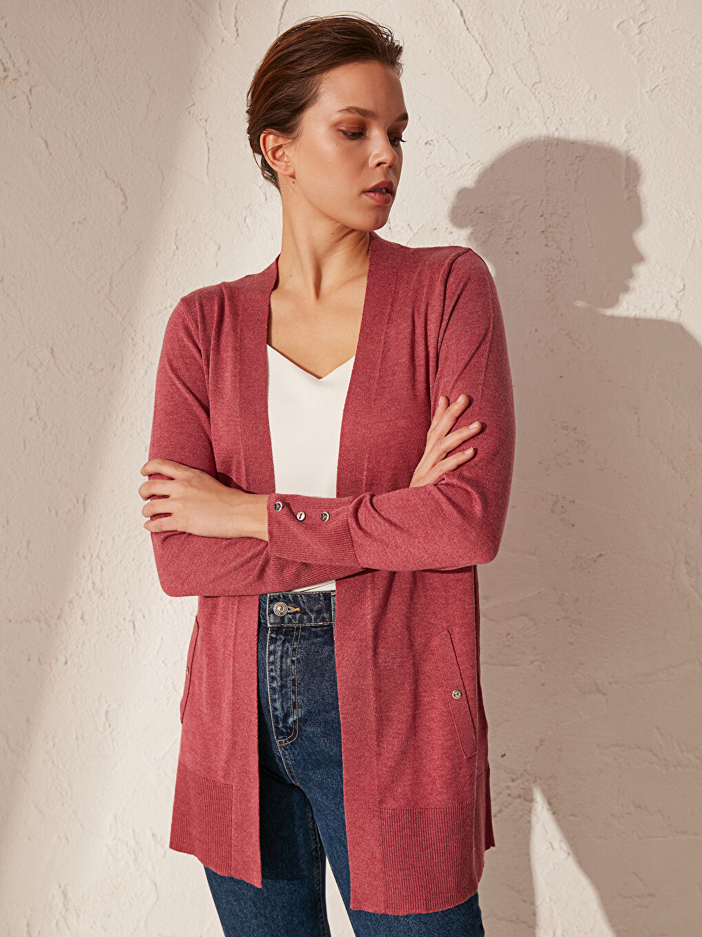 Pembe V Yaka Uzun Kollu Kadın Hırka