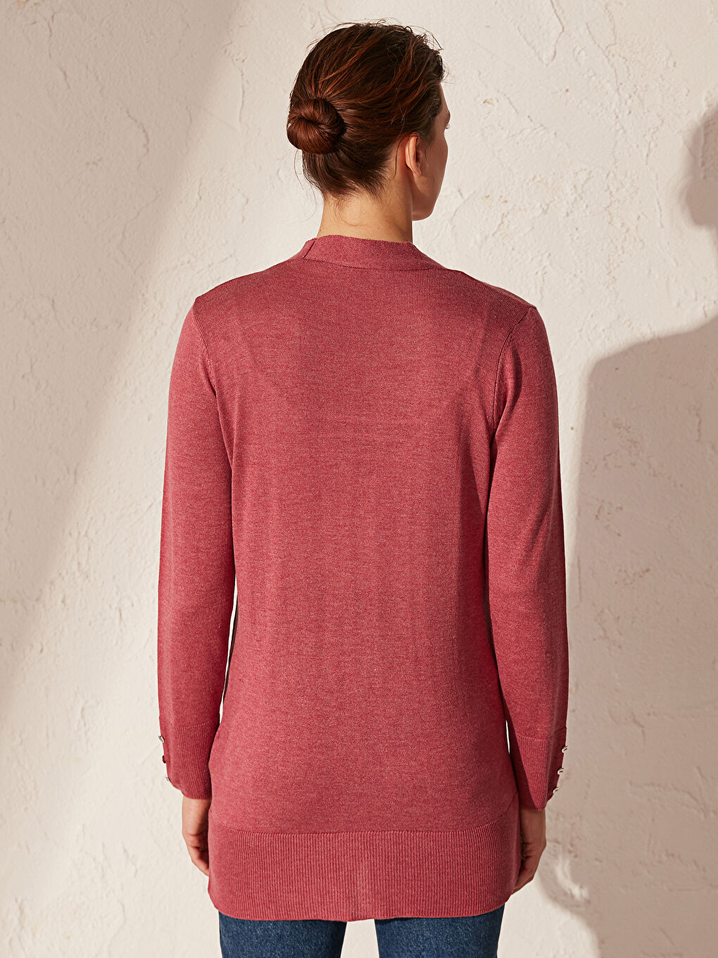 Pembe V Yaka Uzun Kollu Kadın Hırka-2