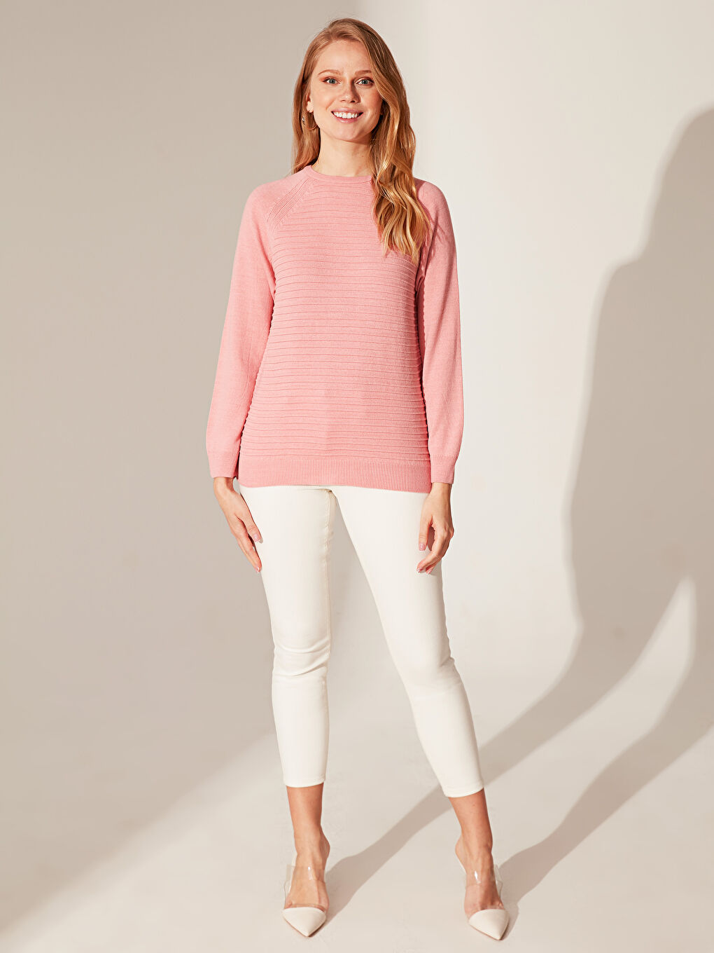 Pembe Düz Bisiklet Yaka Triko Kazak-1