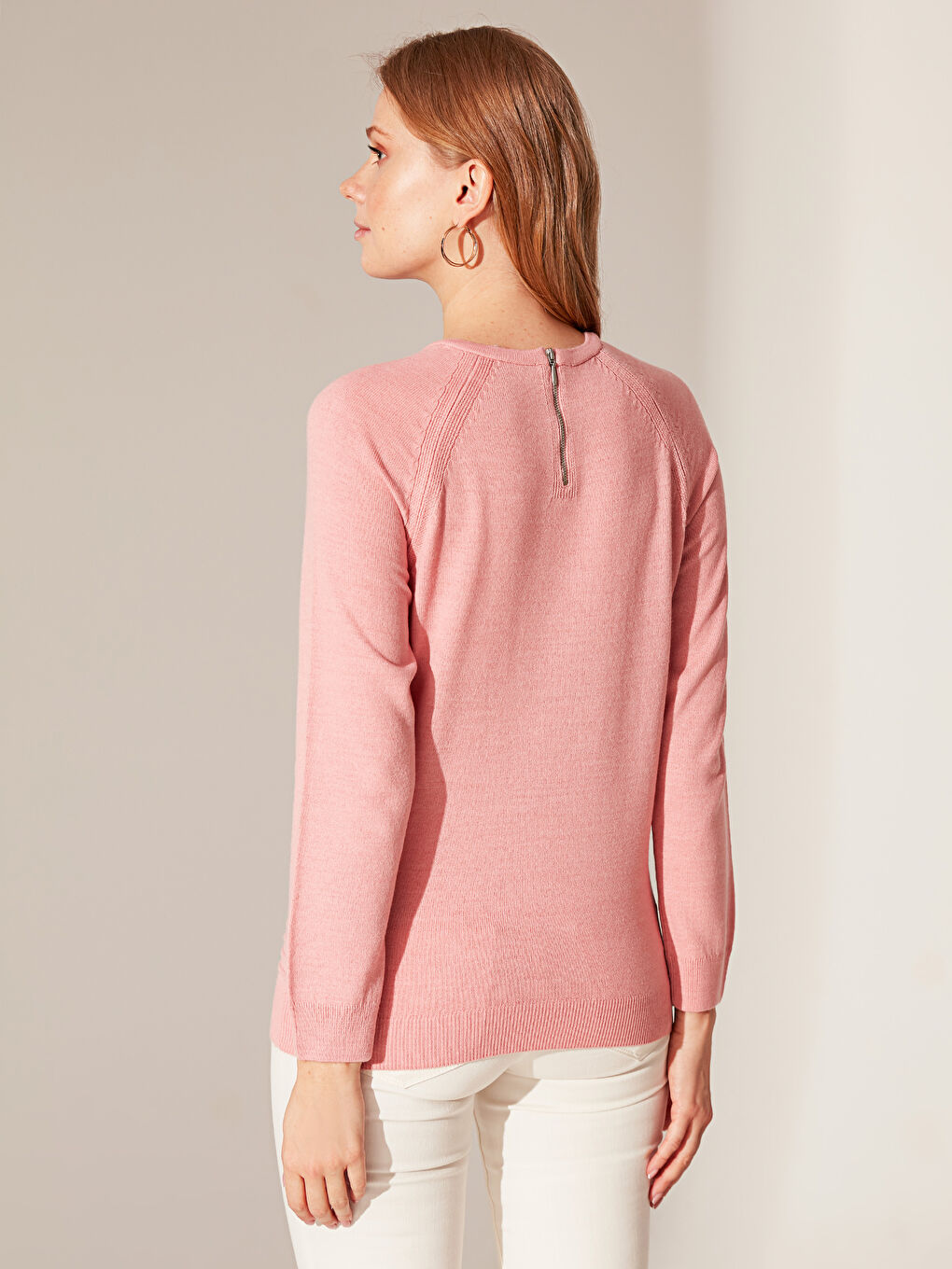 Pembe Düz Bisiklet Yaka Triko Kazak-2