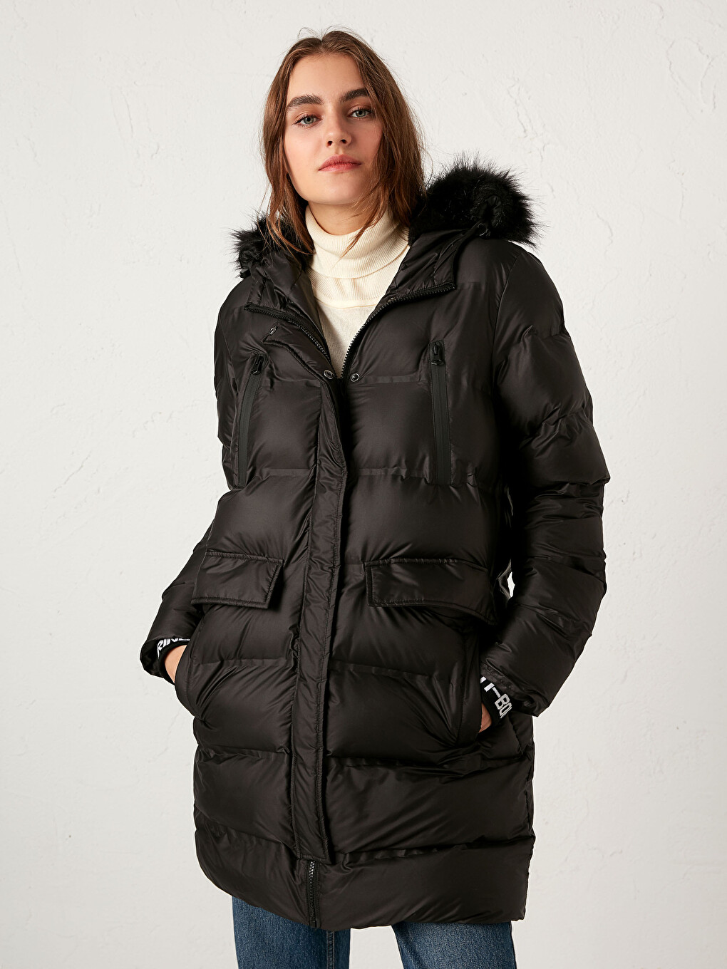 Faux Fur Detailed Long Puffer with Hood
