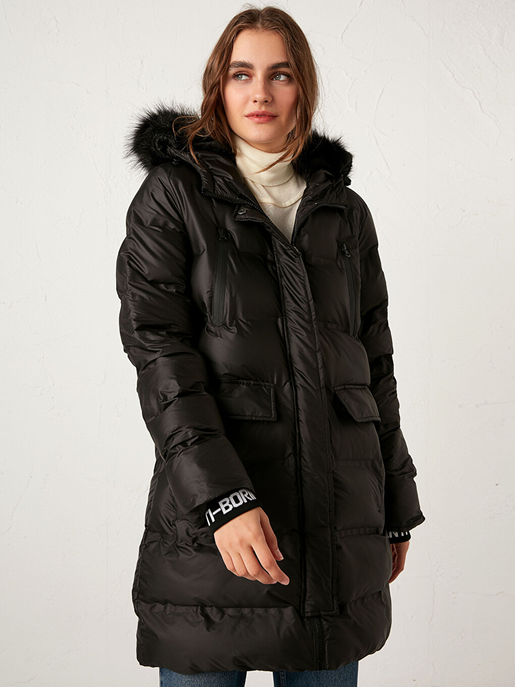 Faux Fur Detailed Long Puffer with Hood-1