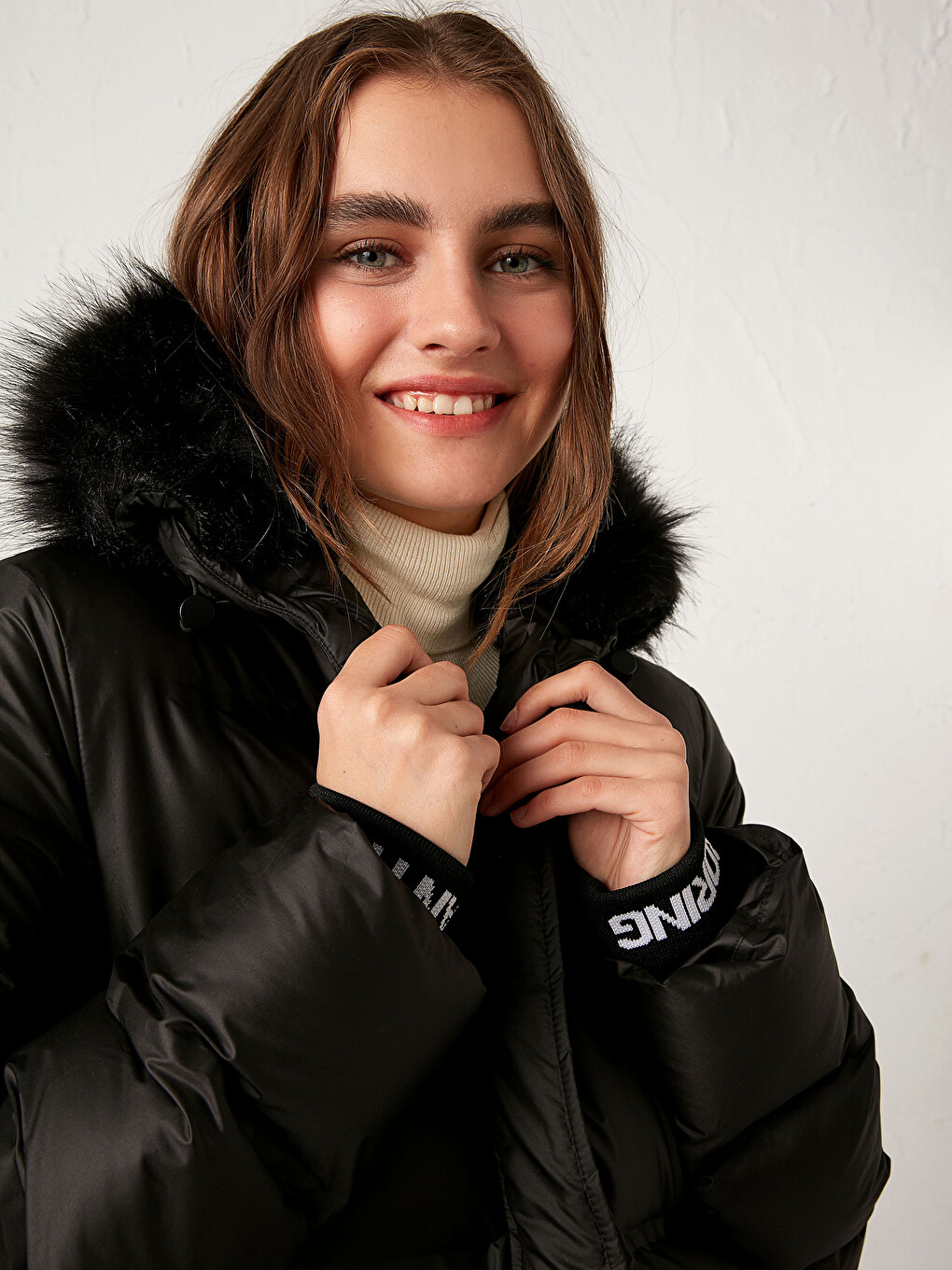 Faux Fur Detailed Long Puffer with Hood-2