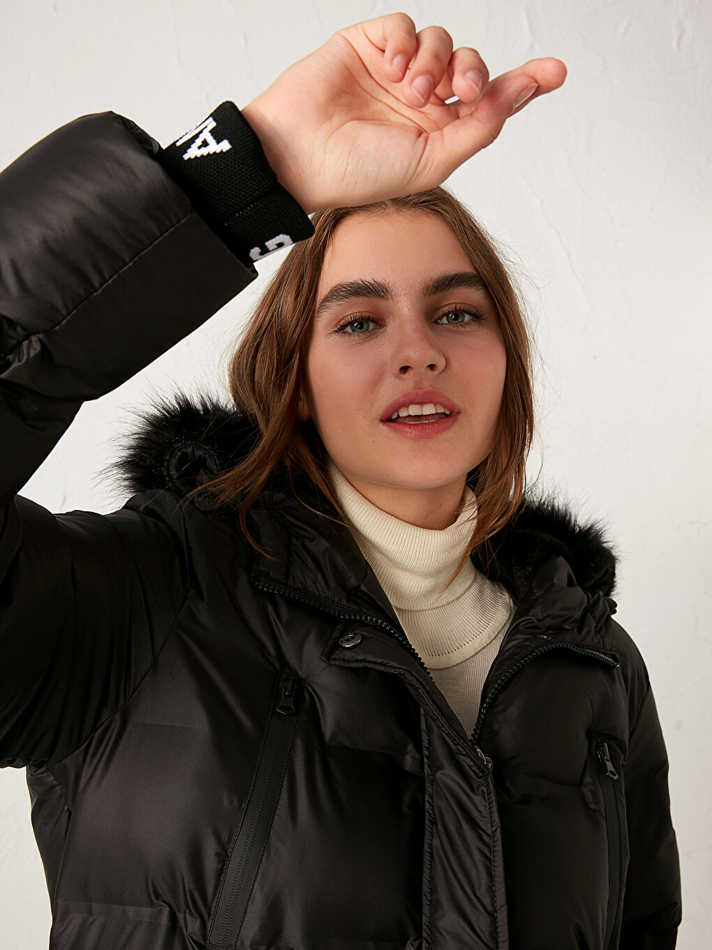 Faux Fur Detailed Long Puffer with Hood-3