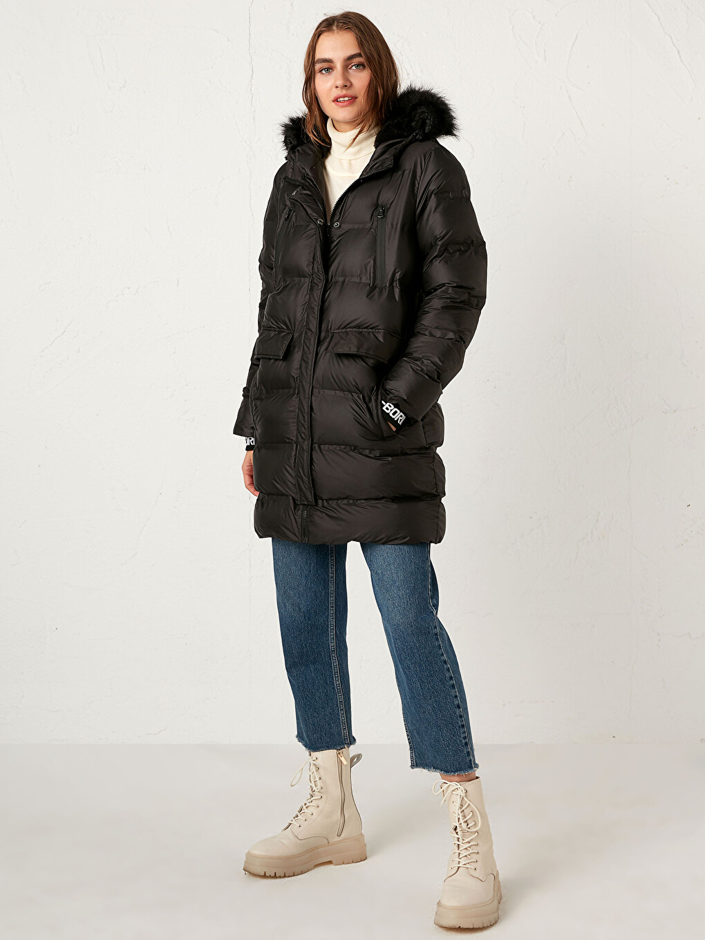 Faux Fur Detailed Long Puffer with Hood-4