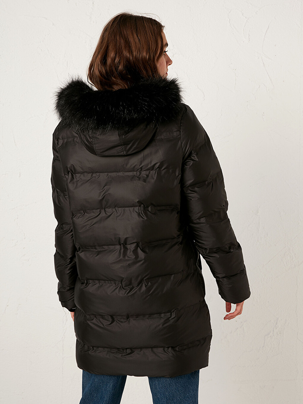 Faux Fur Detailed Long Puffer with Hood-6