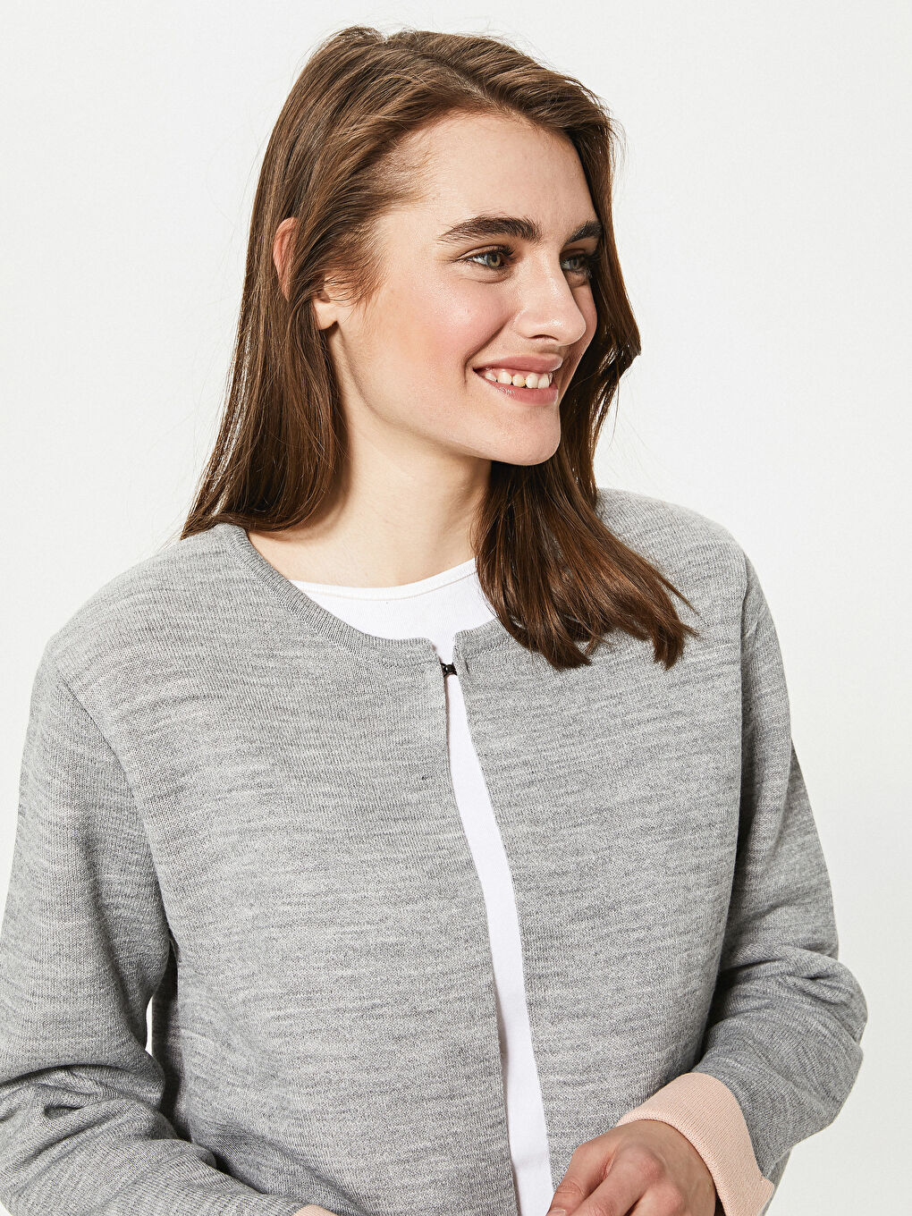 Gri Bisiklet Yaka Düz Uzun Kollu Kadın Triko Hırka-1