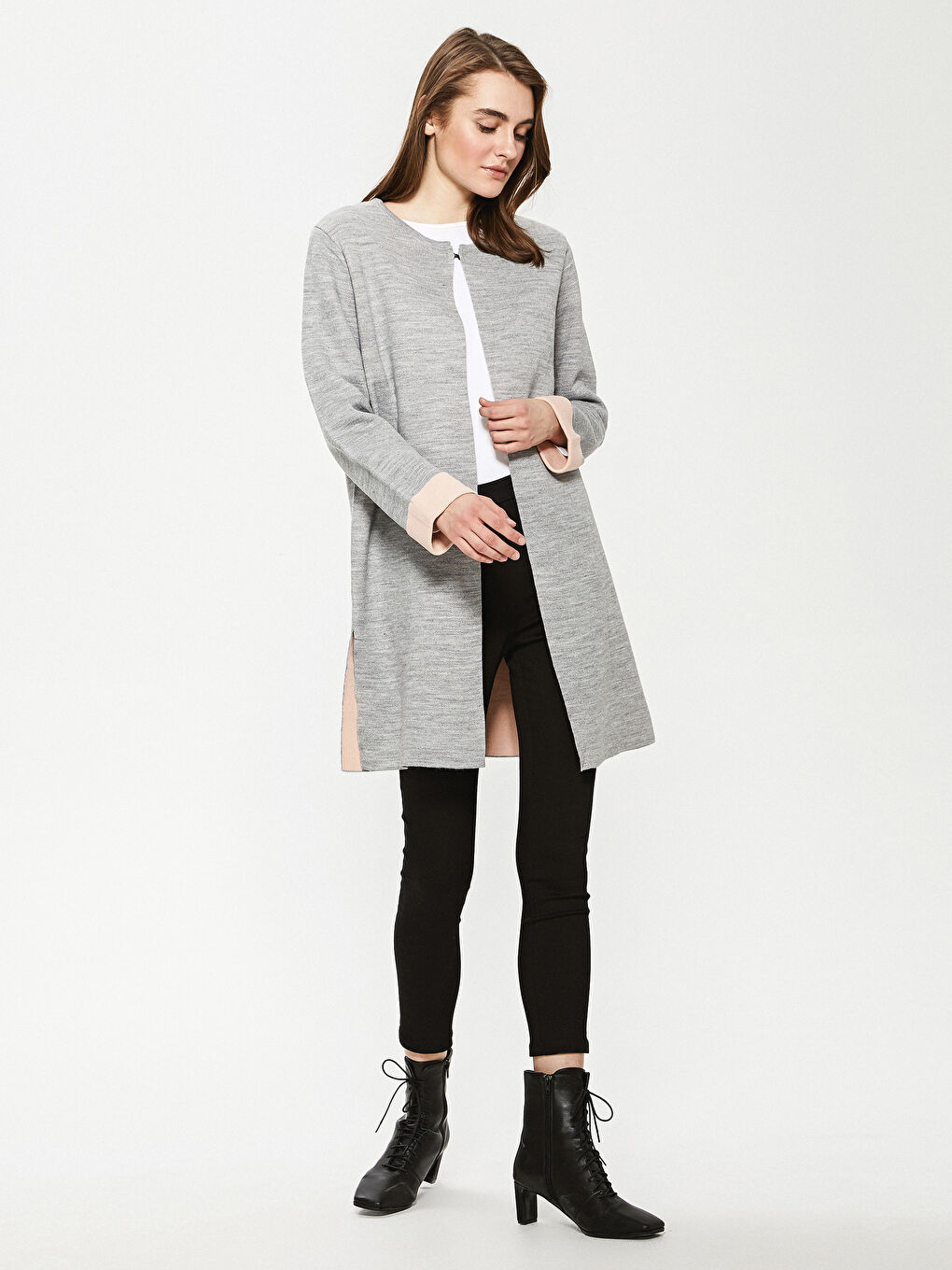 Gri Bisiklet Yaka Düz Uzun Kollu Kadın Triko Hırka-2