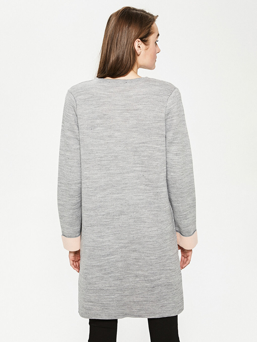 Gri Bisiklet Yaka Düz Uzun Kollu Kadın Triko Hırka-3