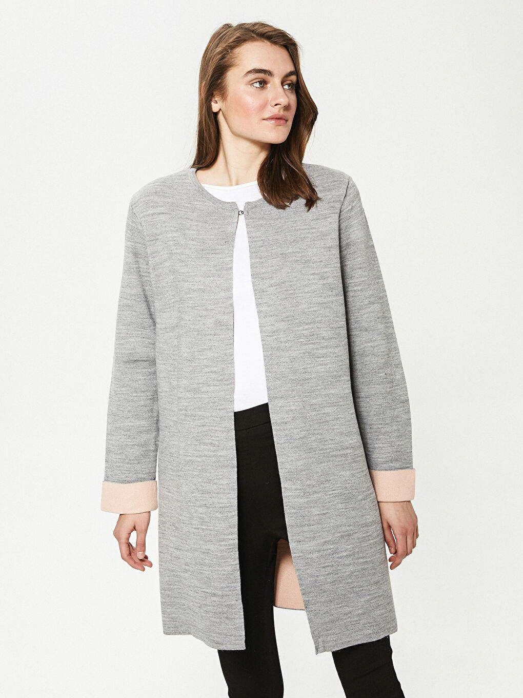 Gri Bisiklet Yaka Düz Uzun Kollu Kadın Triko Hırka-4