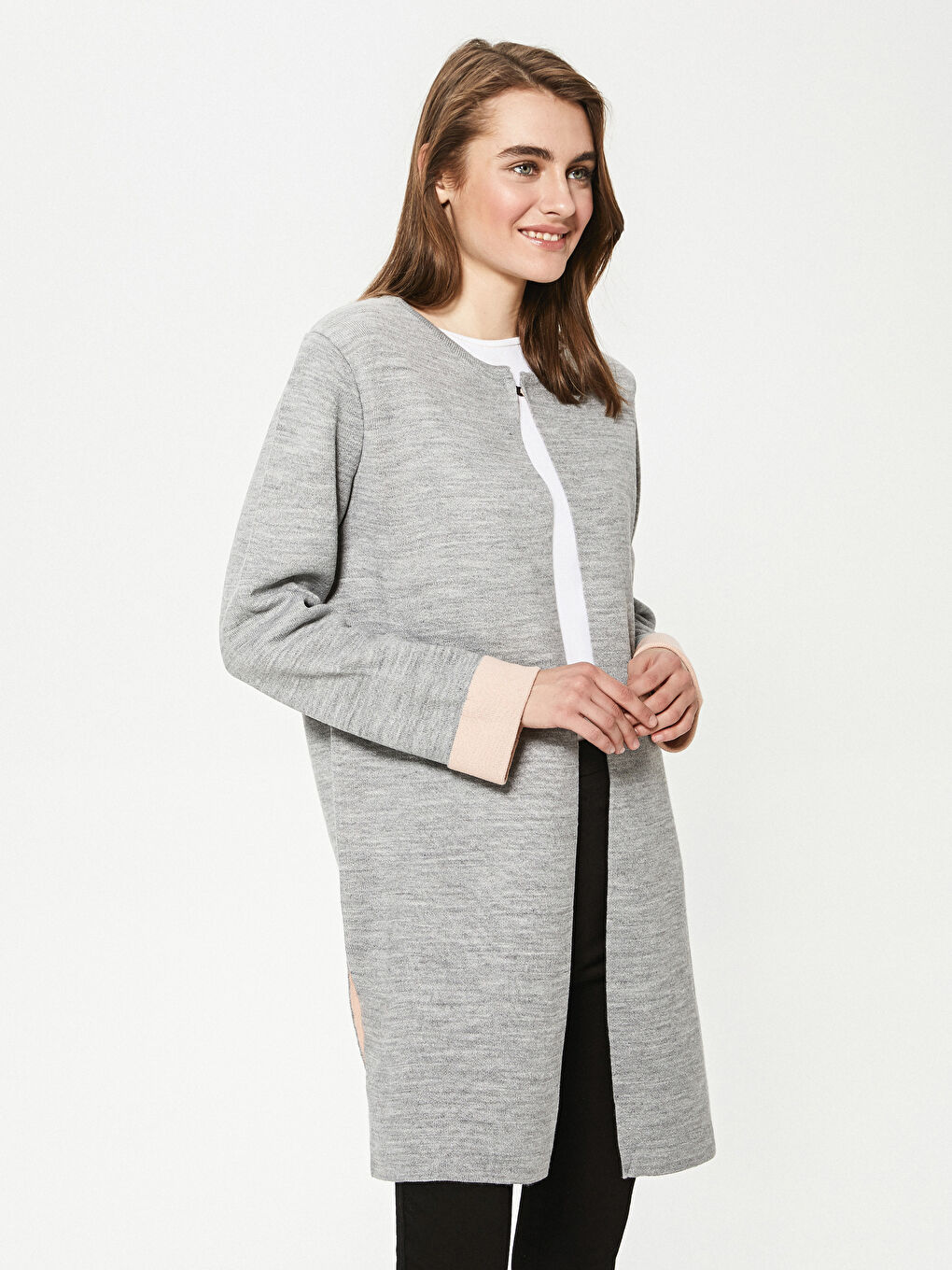 Gri Bisiklet Yaka Düz Uzun Kollu Kadın Triko Hırka