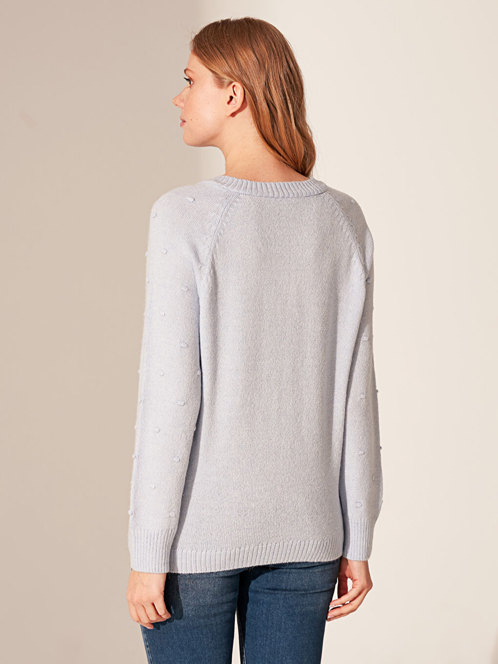 Mavi V Yaka Desenli Uzun Kollu Kadın Triko Kazak-2