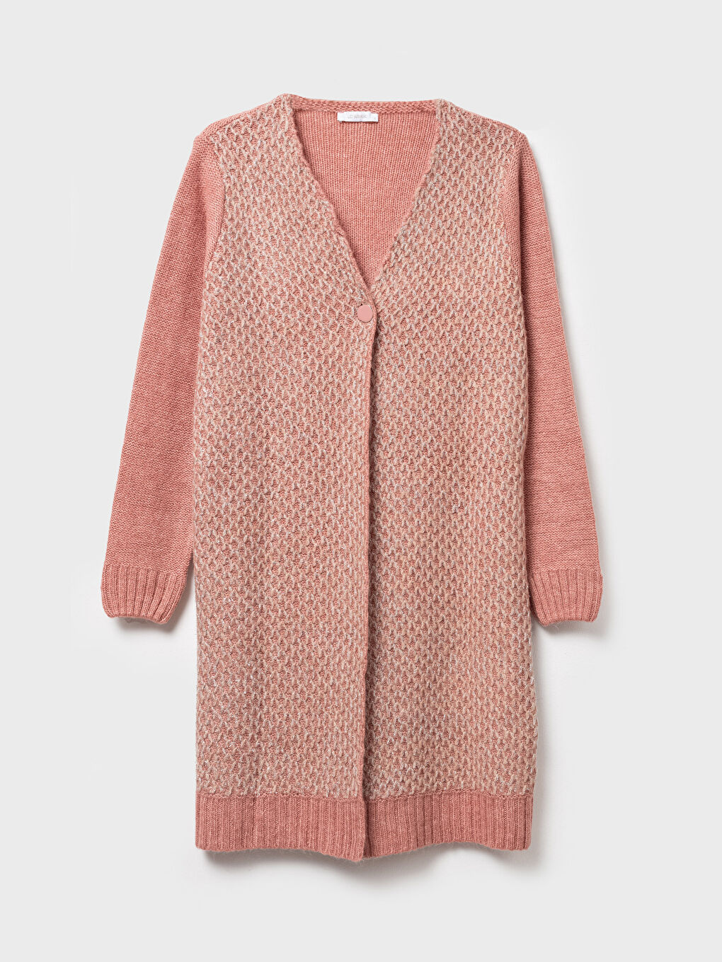 Pembe V Yaka Kendinden Desenli Uzun Kollu Kadın Hırka