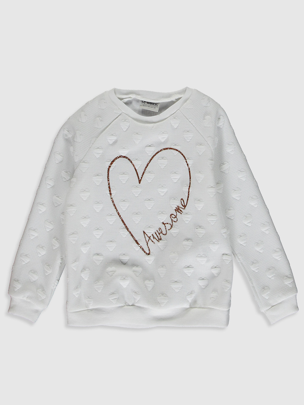Ekru Bisiklet Yaka Baskılı Uzun Kollu Kız Çocuk Sweatshirt
