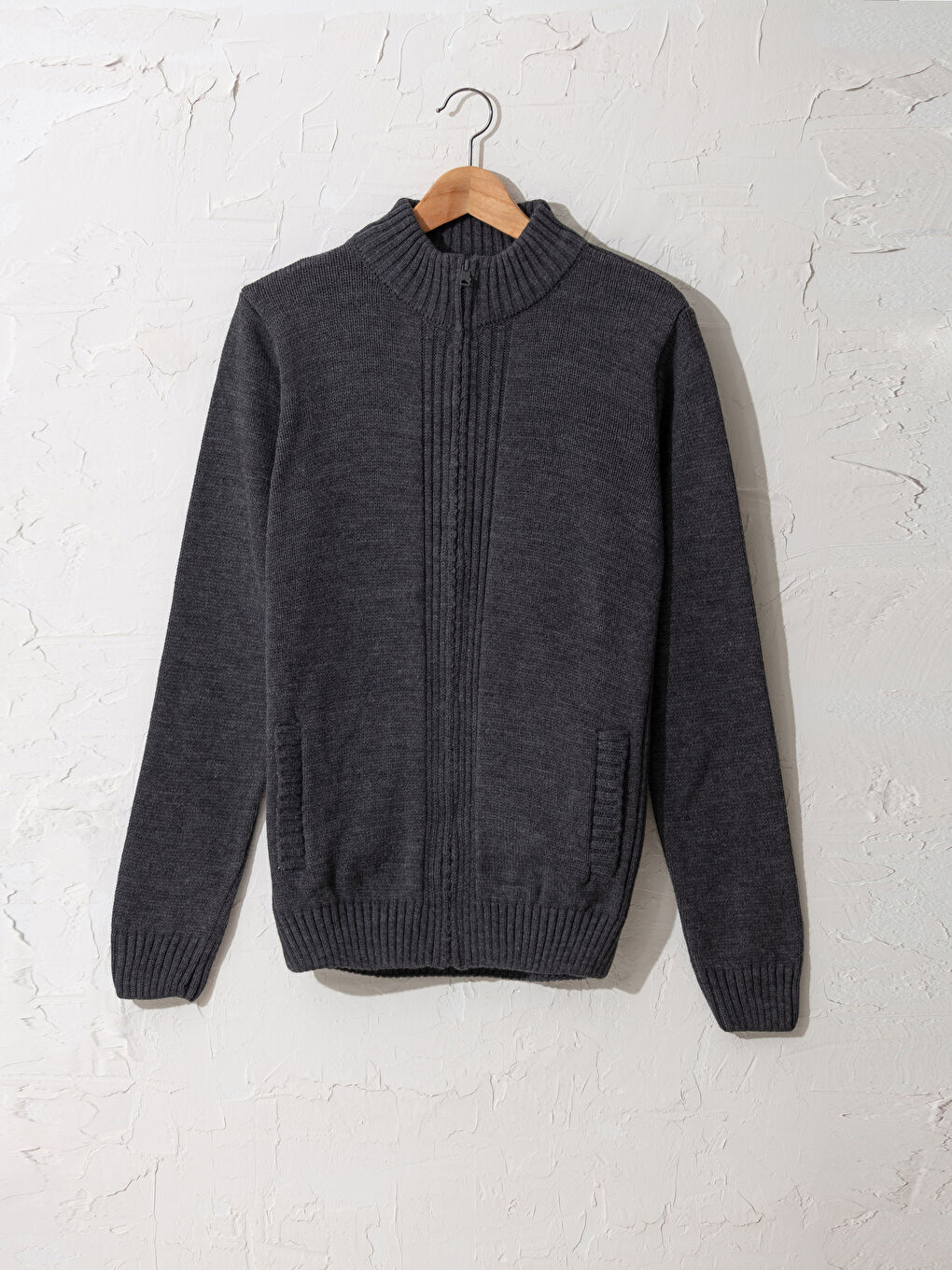 Gri Dik Yaka Basic Kalın Triko Hırka