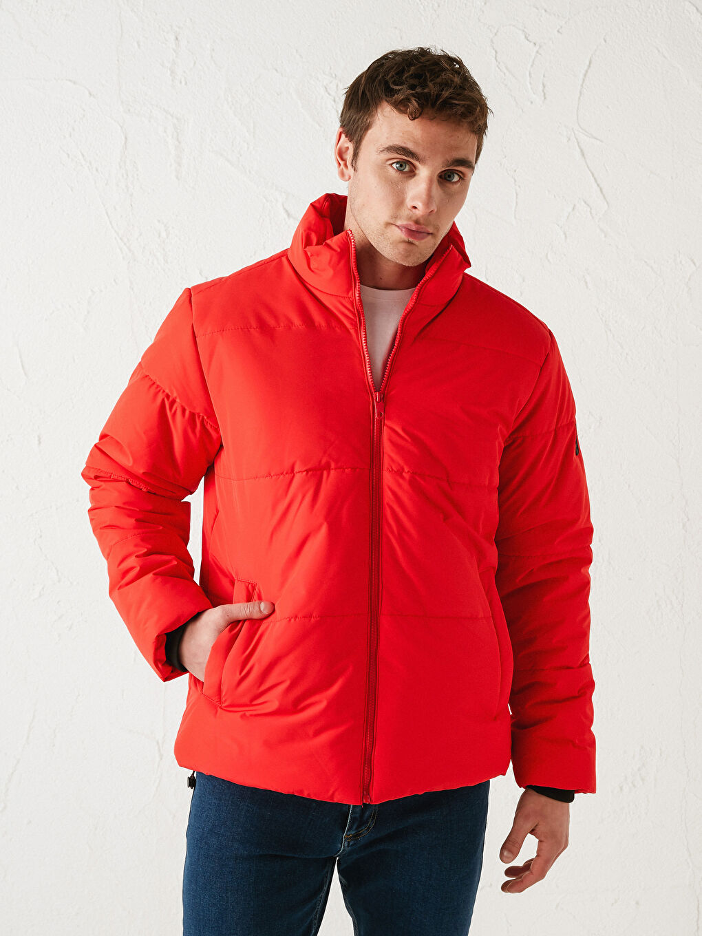 Kırmızı Dik Yaka Erkek Şişme Mont-2