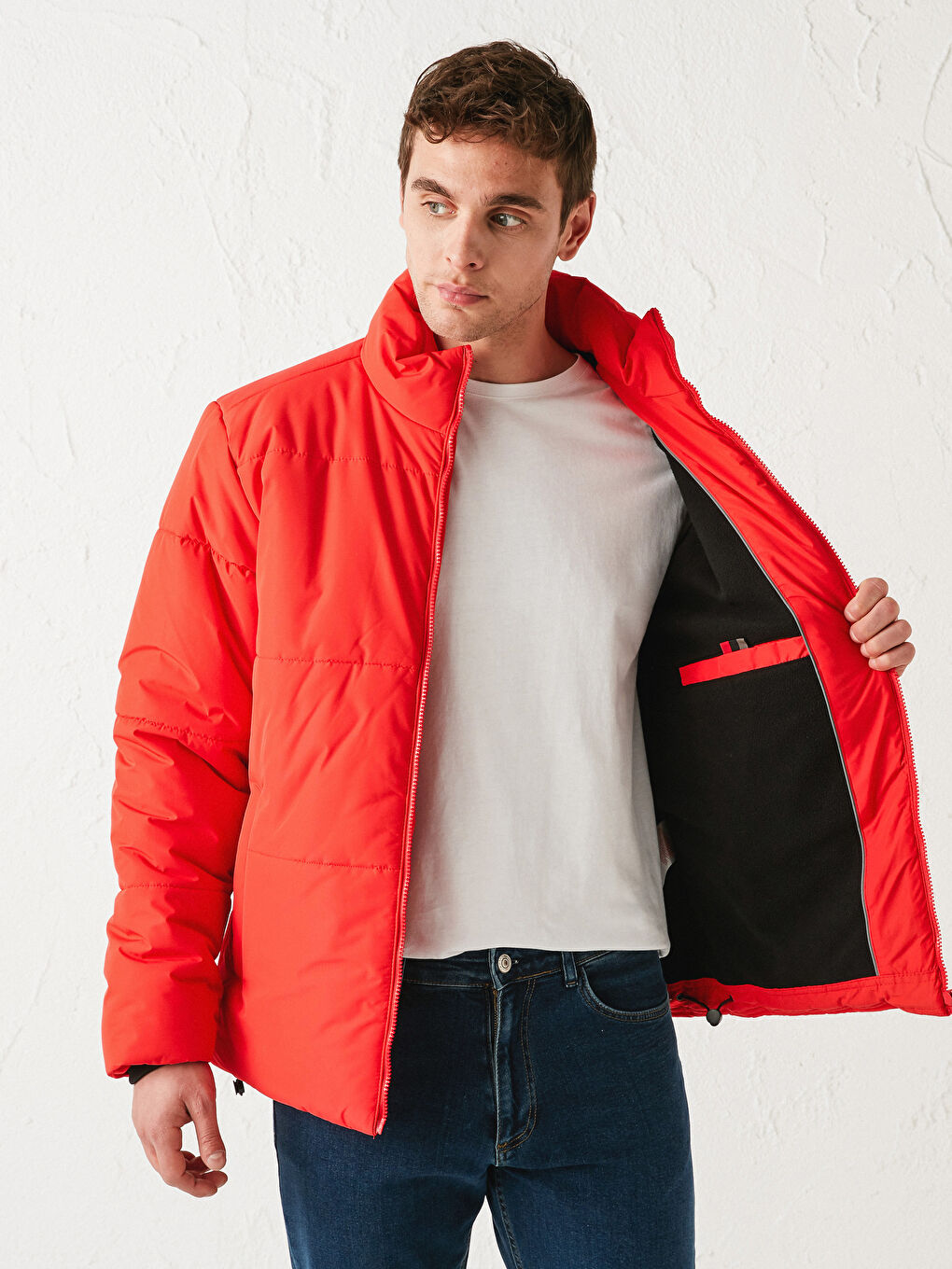 Kırmızı Dik Yaka Erkek Şişme Mont-4