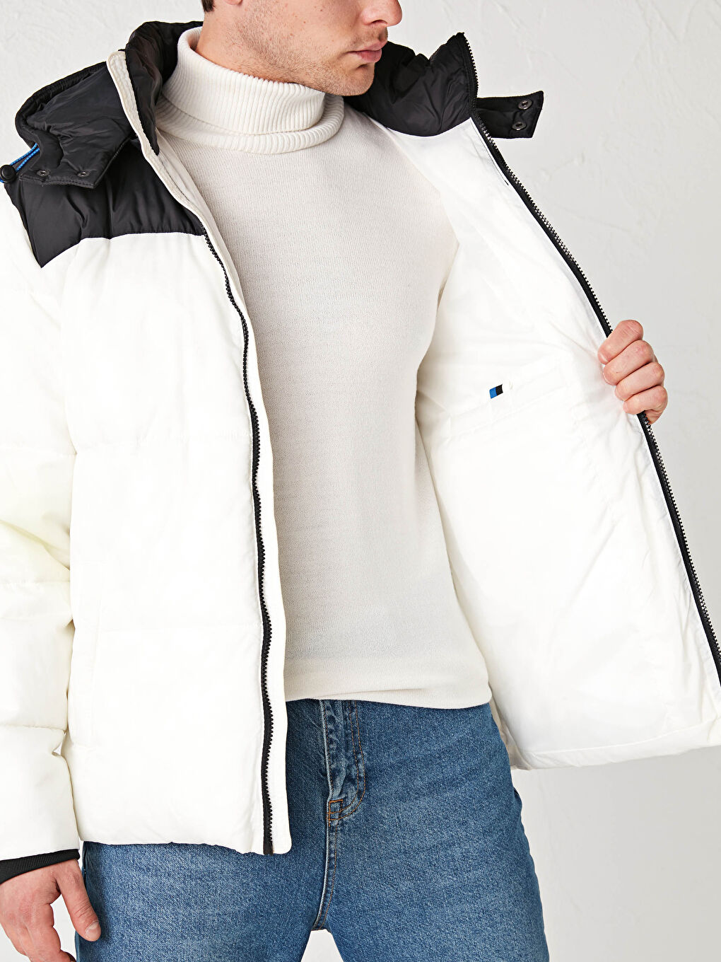 Beyaz Standart Kalıp Kapüşonlu Kalın Erkek Şişme Mont-2