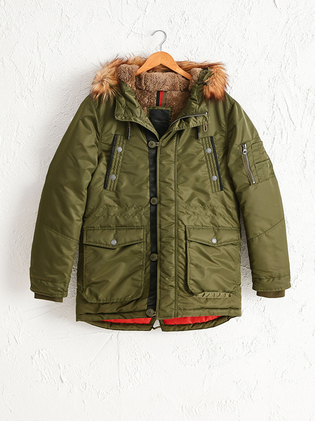 Haki Kapüşonlu Suni Kürk Detaylı Kalın Parka