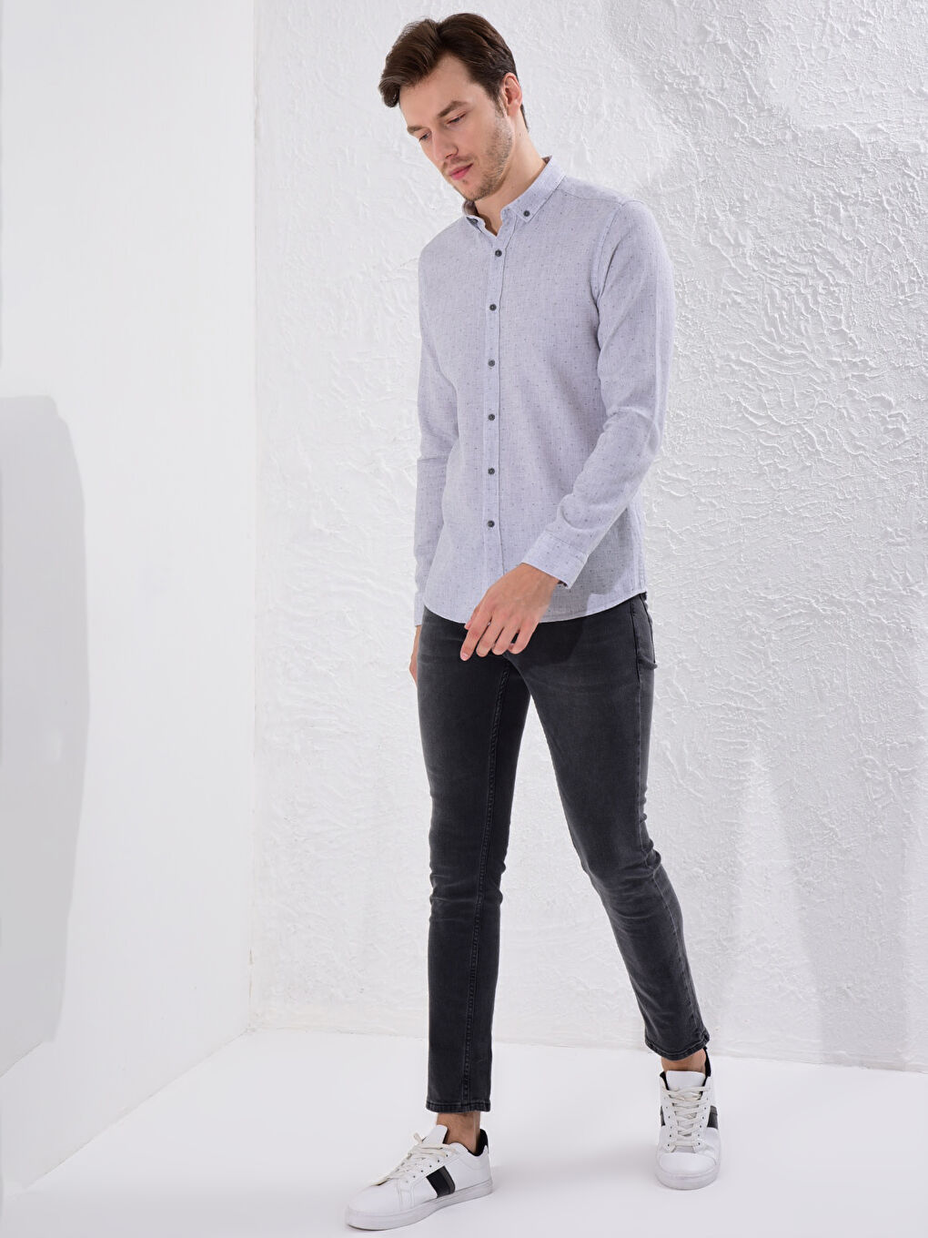 Gri Slim Fit Uzun Kollu Armürlü Gömlek-2