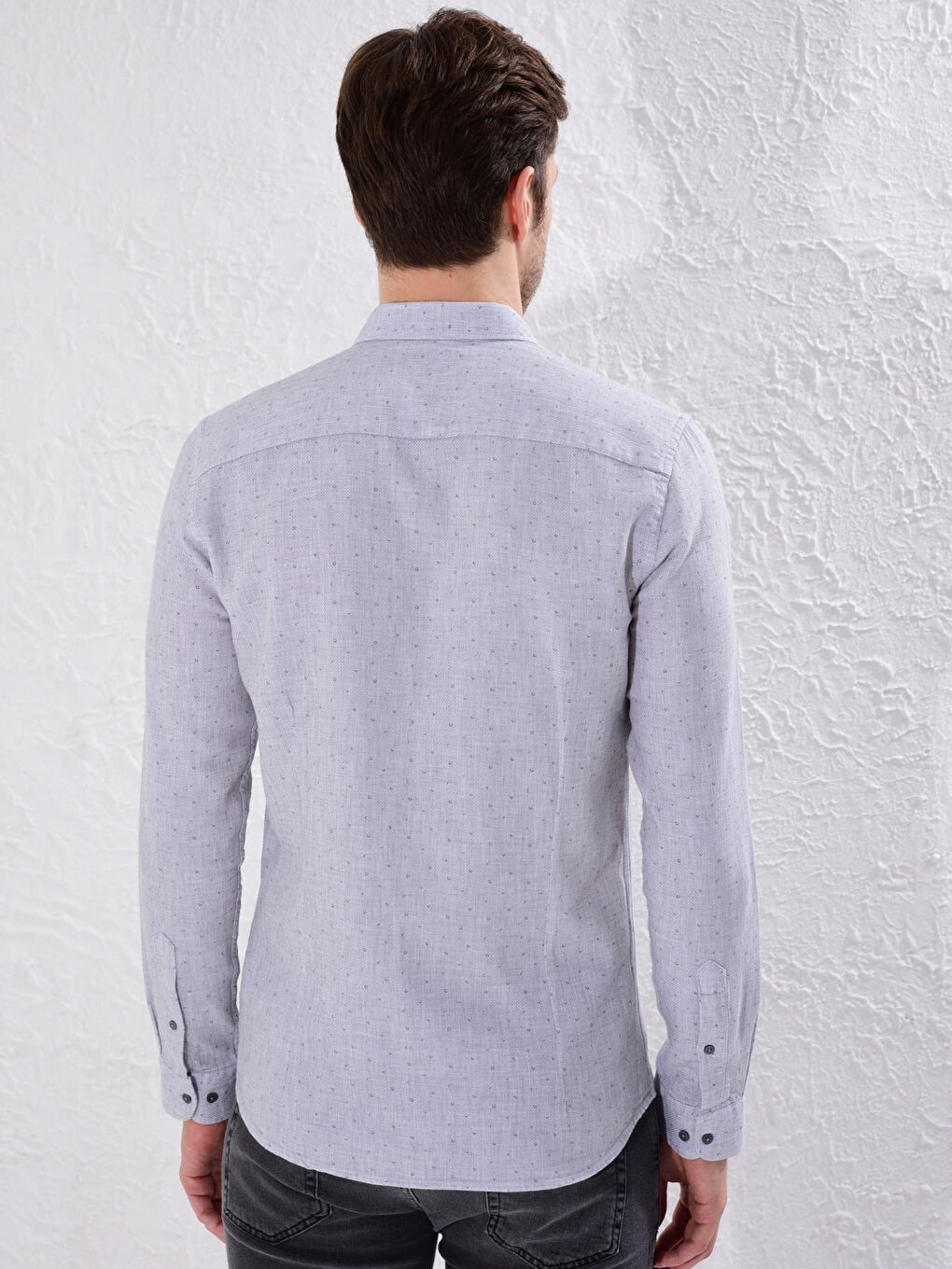 Gri Slim Fit Uzun Kollu Armürlü Gömlek-3