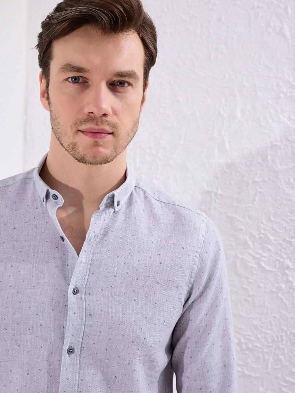 Gri Slim Fit Uzun Kollu Armürlü Gömlek-4