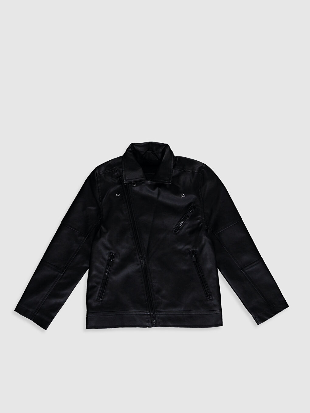 Siyah Gömlek Yaka Baskılı Deri Görünümlü Erkek Çocuk Ceket