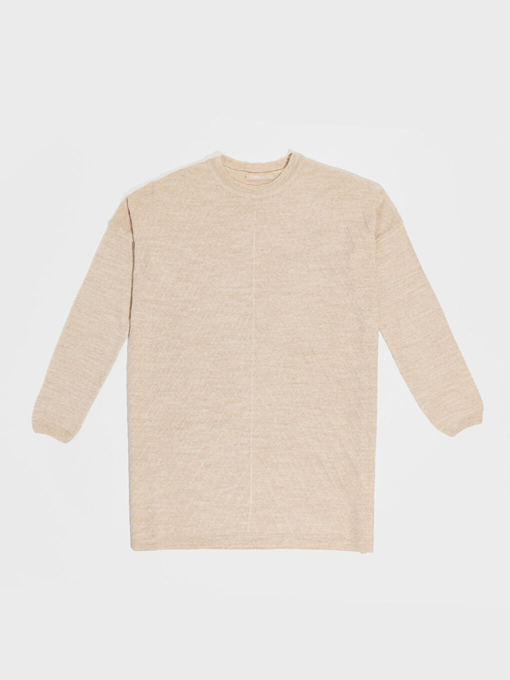 Bej Bisiklet Yaka Kendinden Desenli Uzun Kollu Kadın Triko Tunik