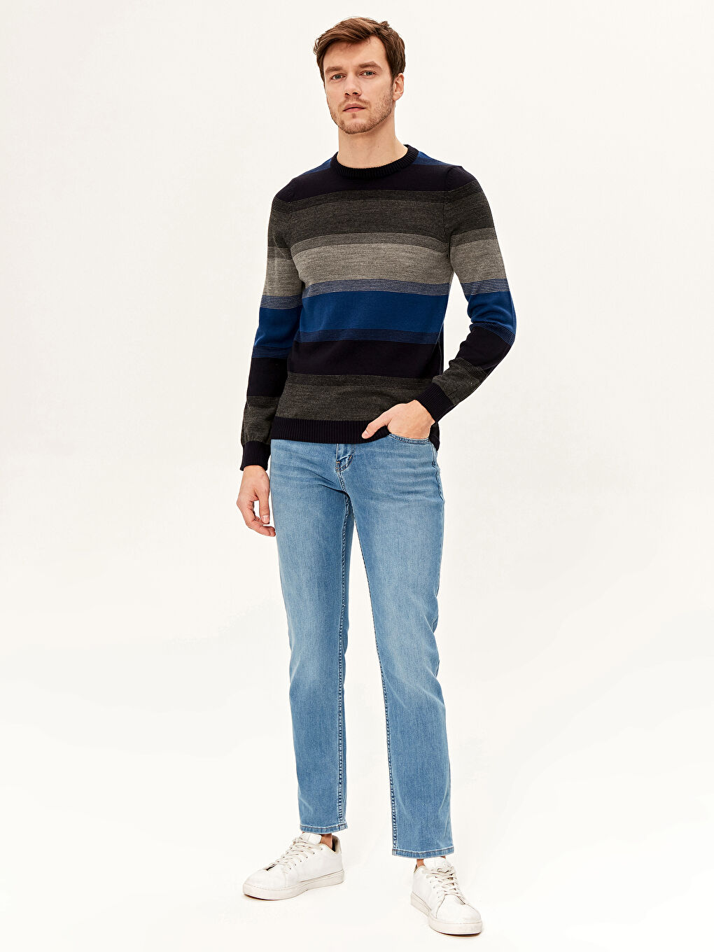 Жолақты дөңгелек жағалы трикотаж жемпір-3