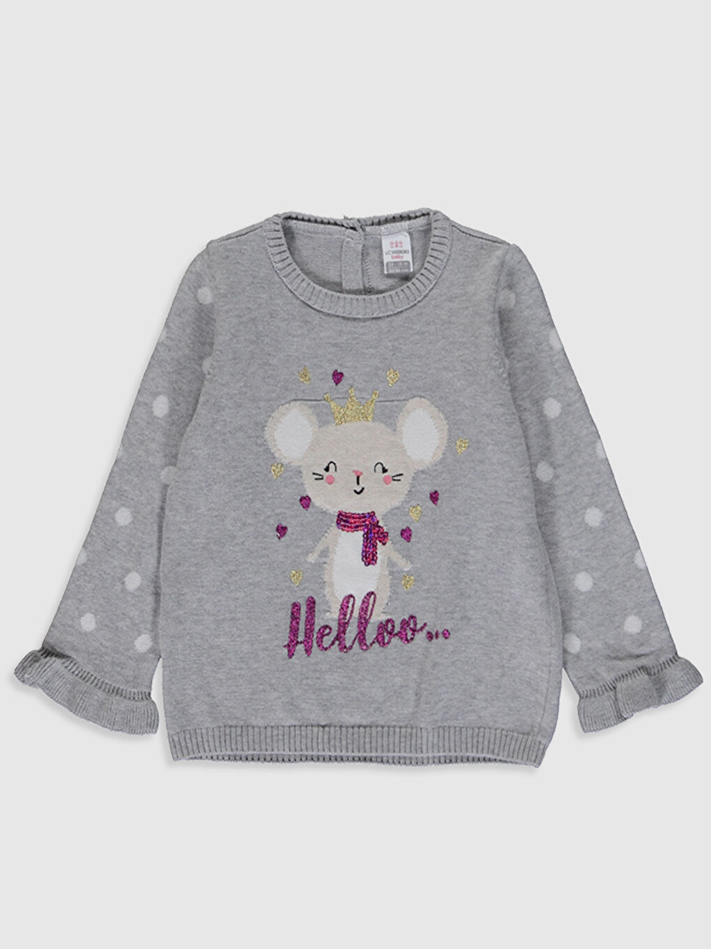 Gri Bisiklet Yaka Uzun Kollu Baskılı Kız Bebek Triko Kazak