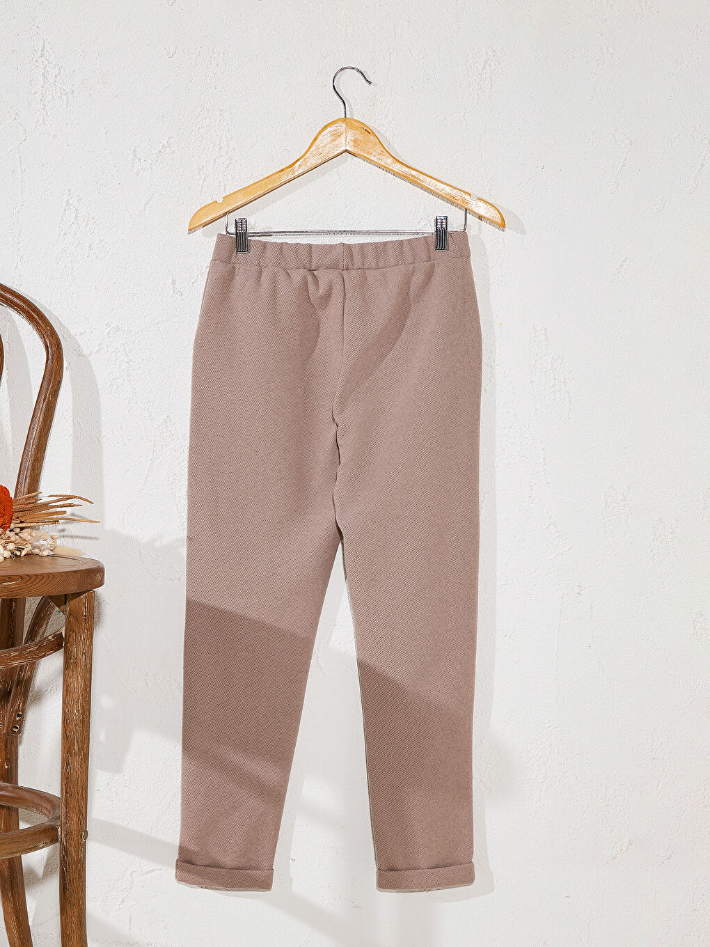 Bej Beli Lastikli Basic Pantolon-3