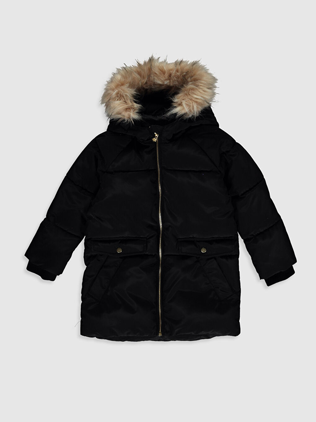 Siyah Kız Çocuk Kapüşonlu Kaban