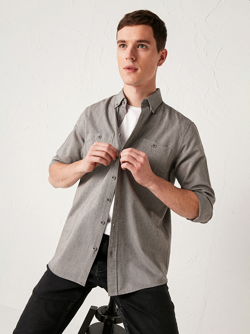 Regular Fit Long Sleeve Gabardine Shirt -0W4144Z8-J2B