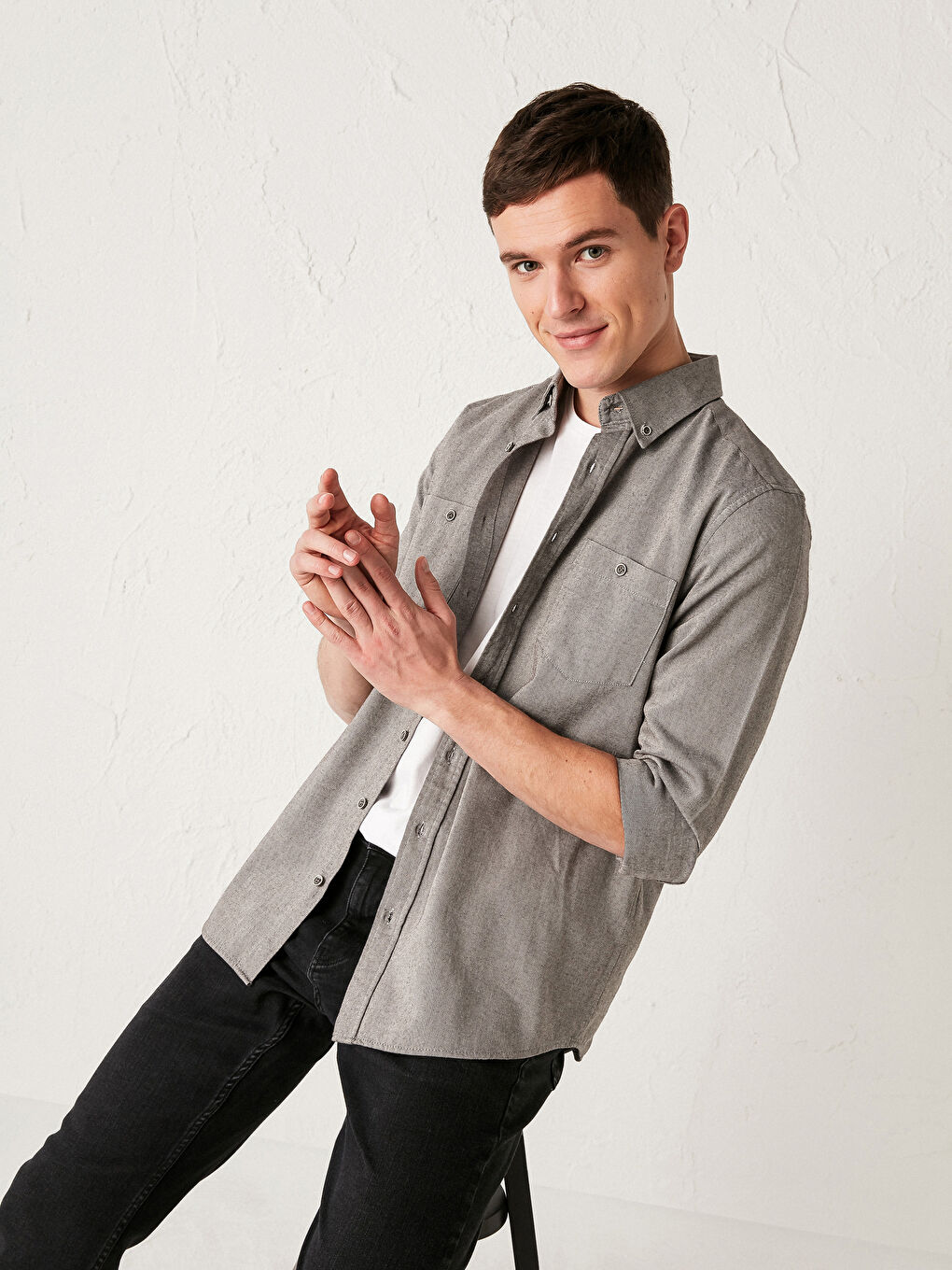 Regular Fit Long Sleeve Gabardine Shirt -0W4144Z8-J2B