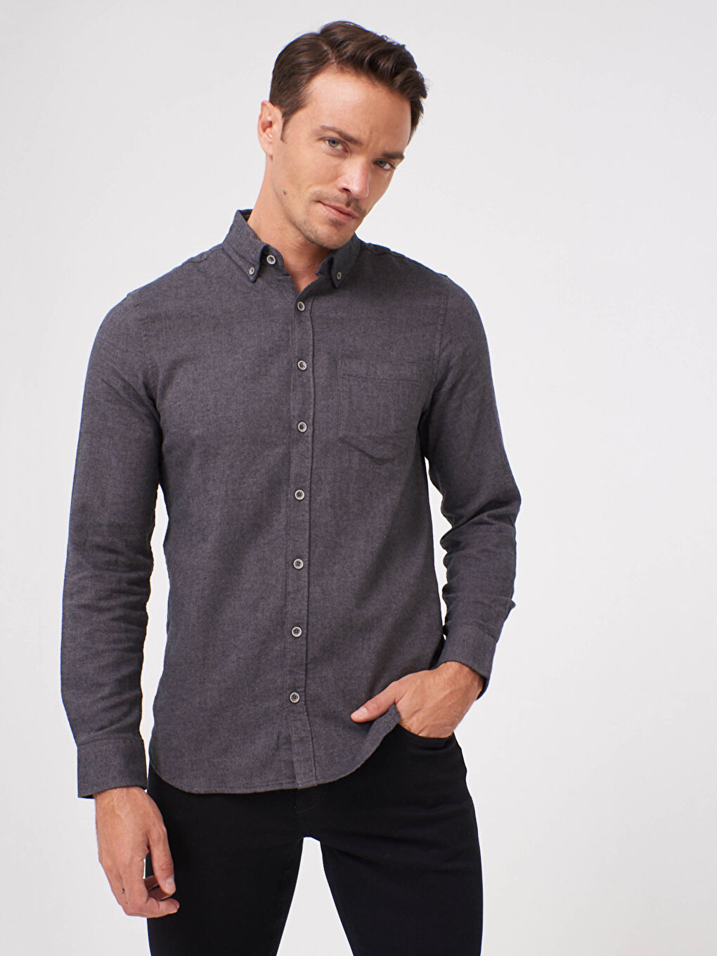 Slim Fit Long Sleeve Gabardine Shirt