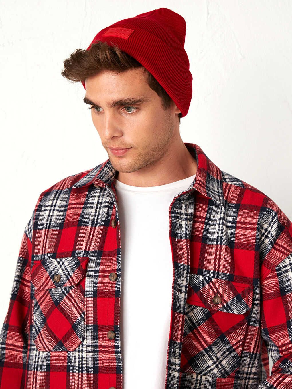 Kırmızı Erkek Etiket Baskılı Triko Bere-4