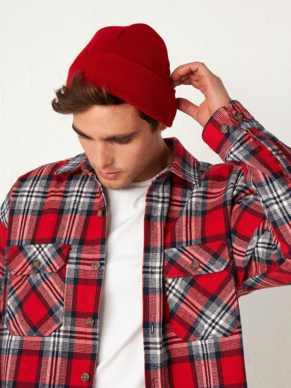 Kırmızı Erkek Etiket Baskılı Triko Bere-5