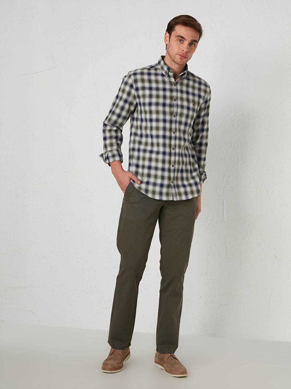 Haki Regular Fit Uzun Kollu Ekose Gabardin Gömlek-2