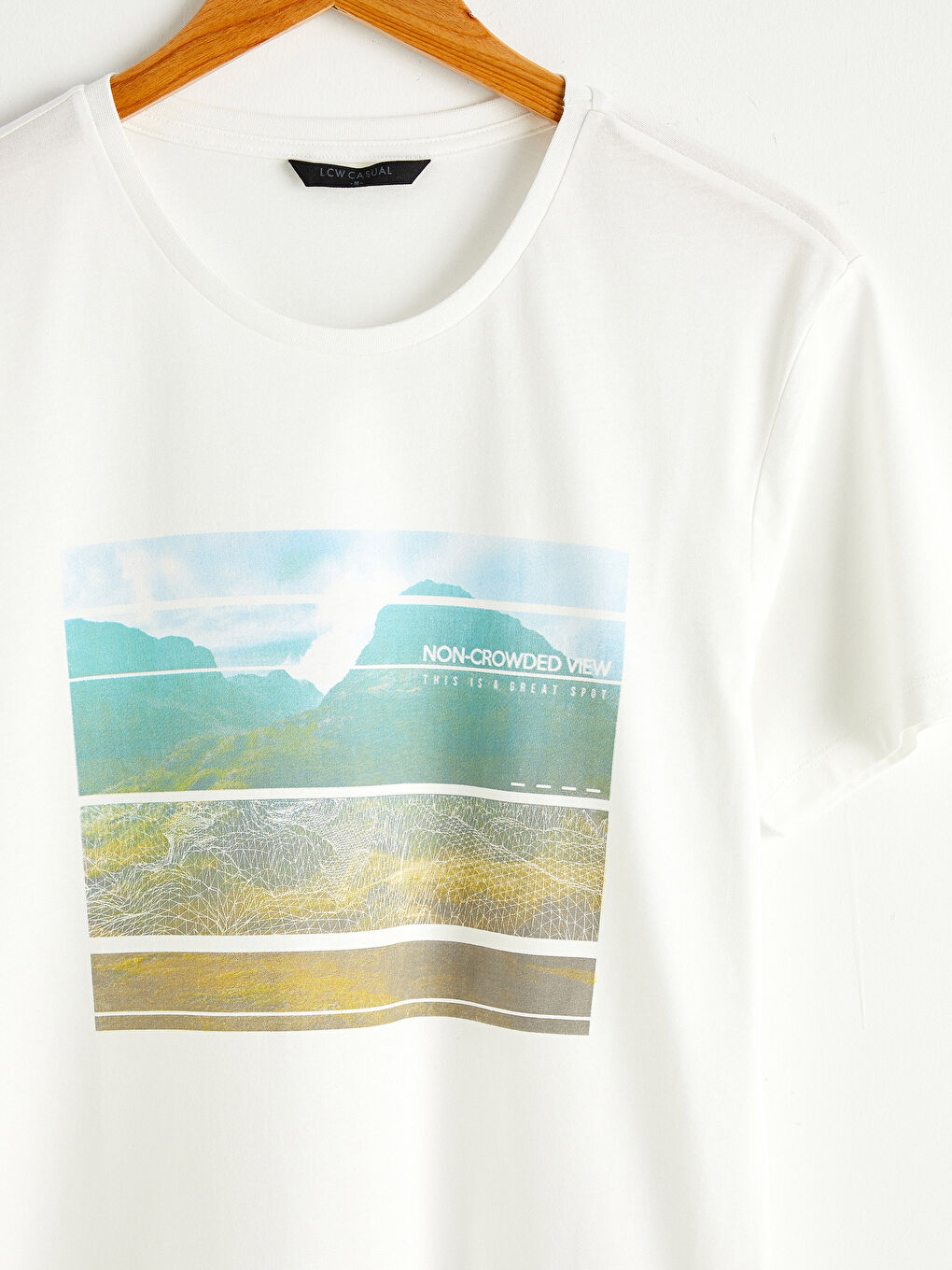 Ekru Bisiklet Yaka Baskılı Penye Tişört-2