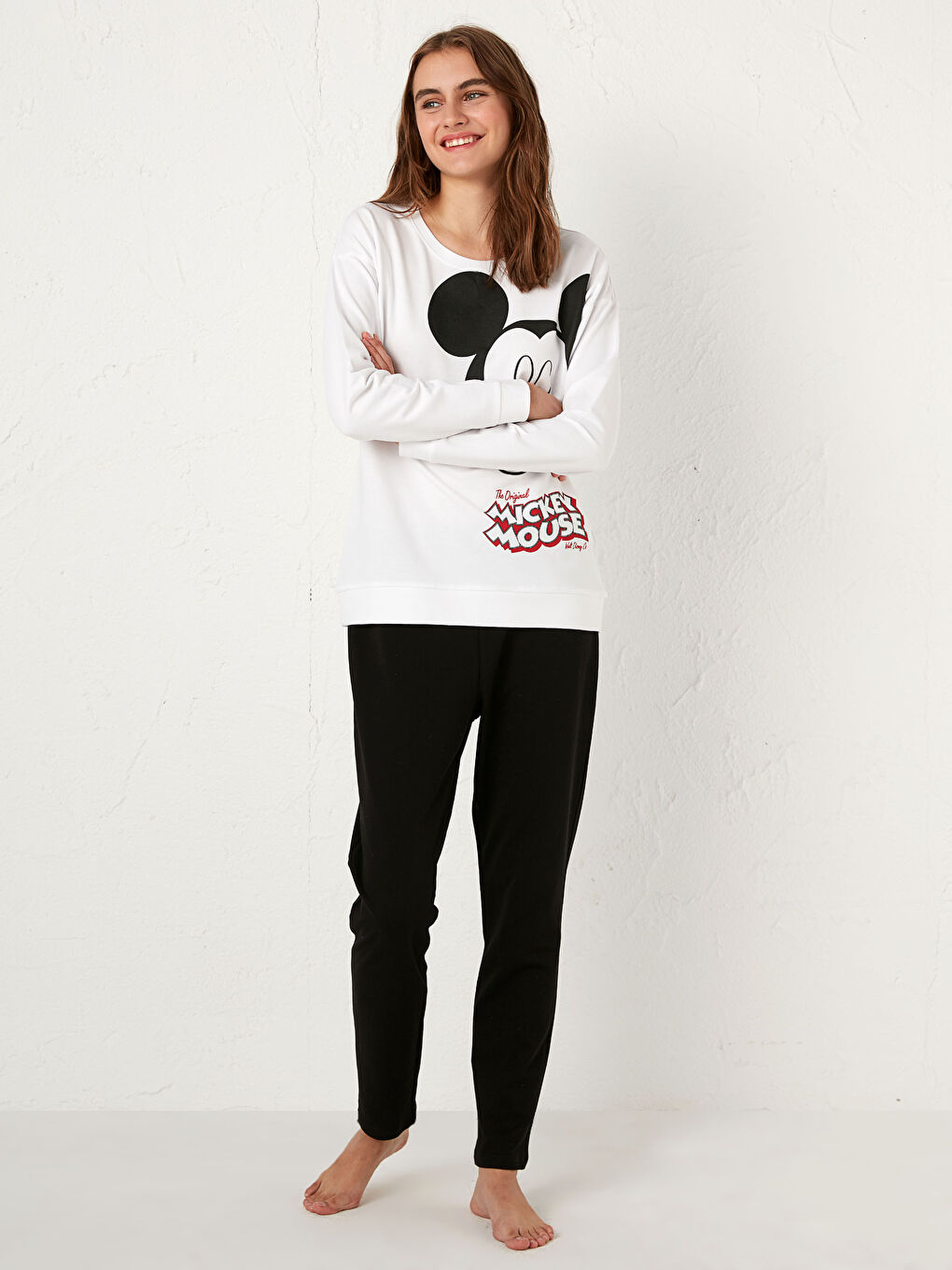 Beyaz Mickey Mouse Baskılı Pamuklu Pijama Takımı-1