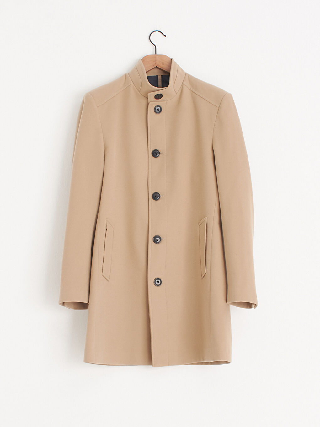 Bej Dik Yaka Kalın Kaşe Kaban