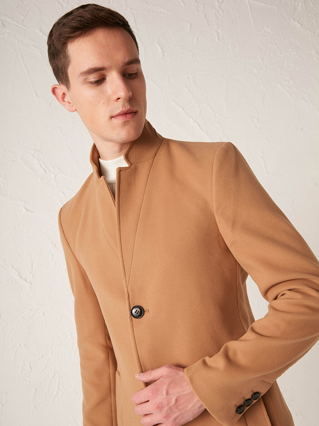 Bej Slim Fit Kalın Kaşe Kaban-1