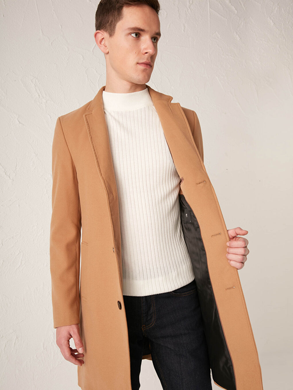 Bej Slim Fit Kalın Kaşe Kaban-2