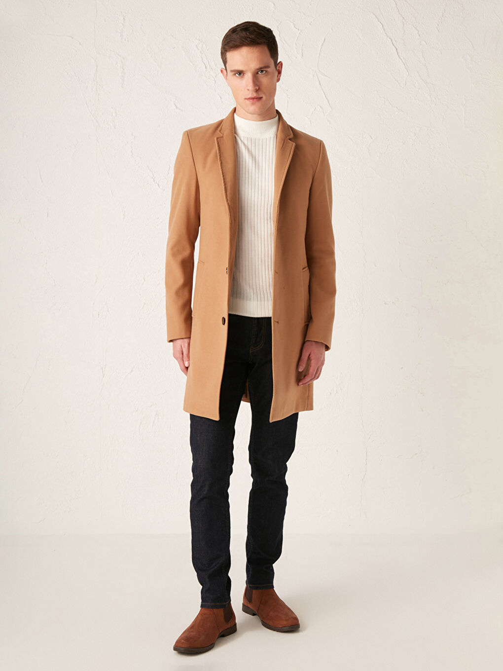 Bej Slim Fit Kalın Kaşe Kaban-3