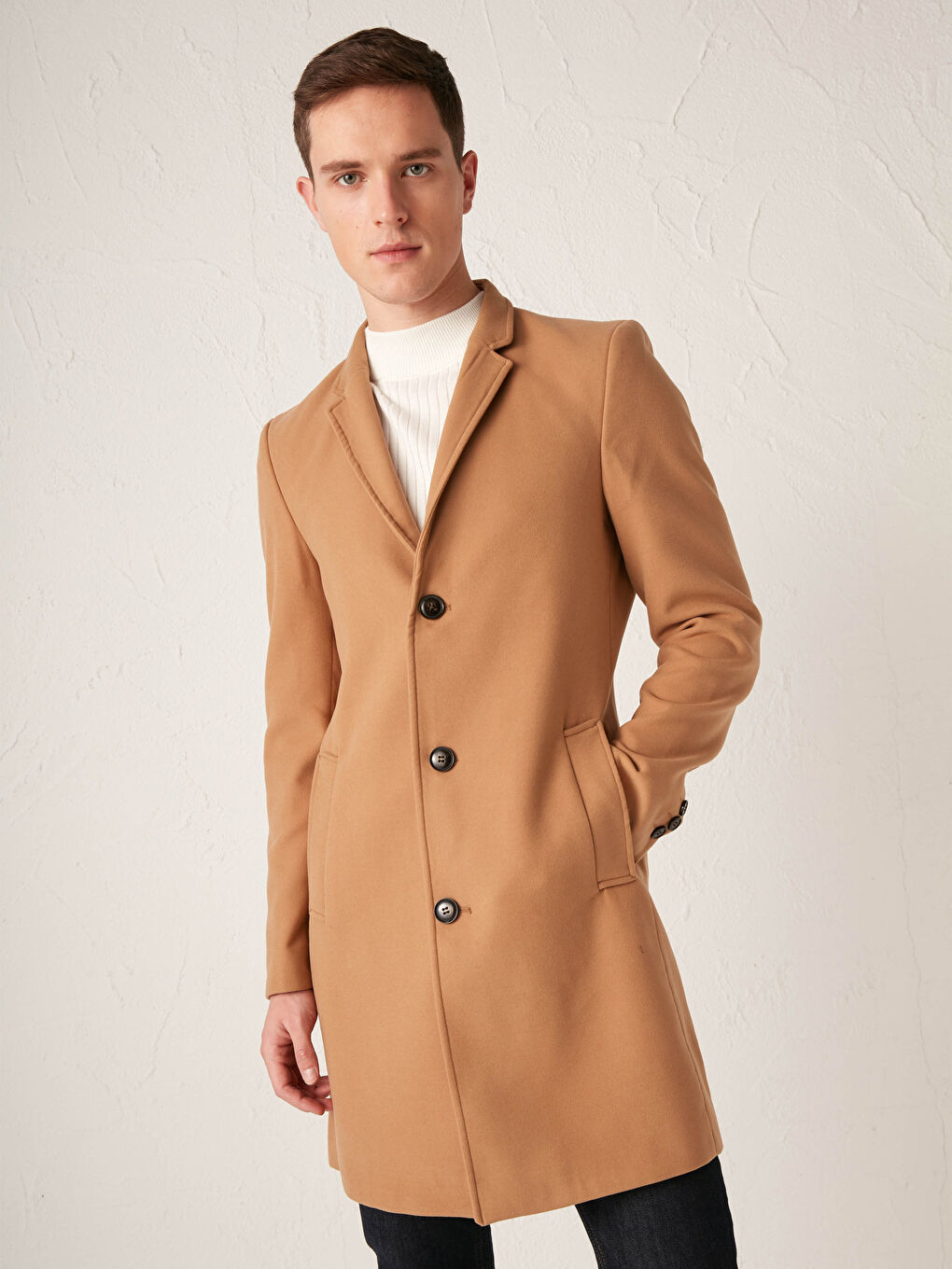 Bej Slim Fit Kalın Kaşe Kaban