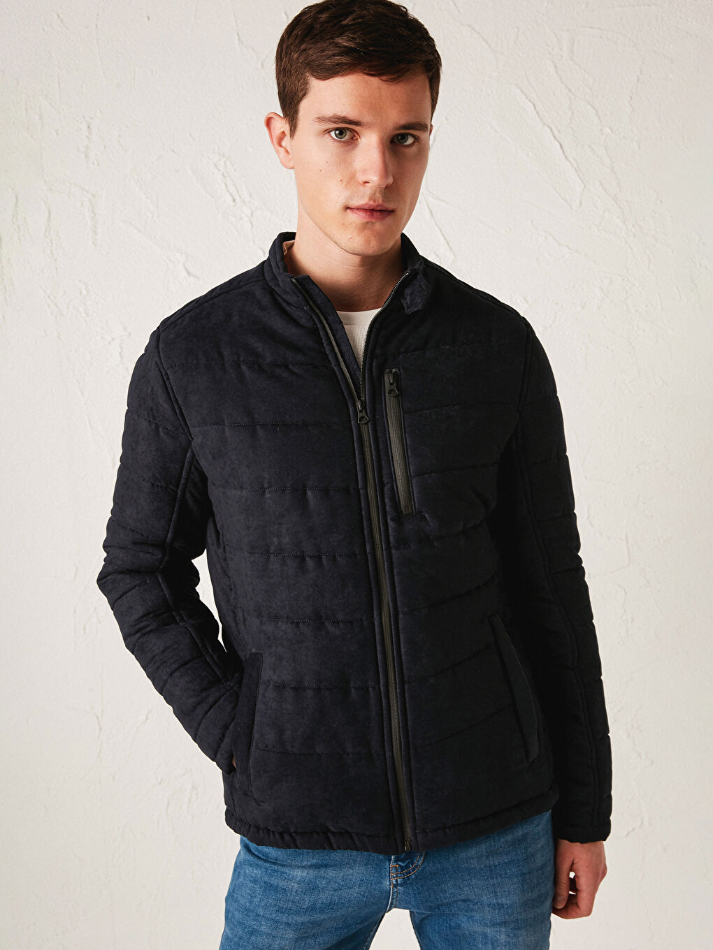 Slim Fit Funnel Neck Suede Men's Coat-1