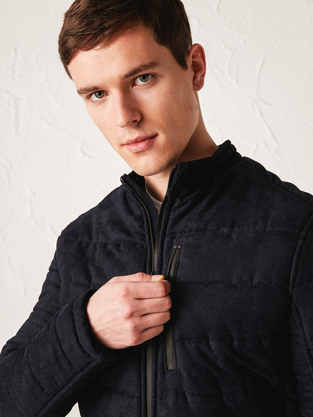 Slim Fit Funnel Neck Suede Men's Coat-2