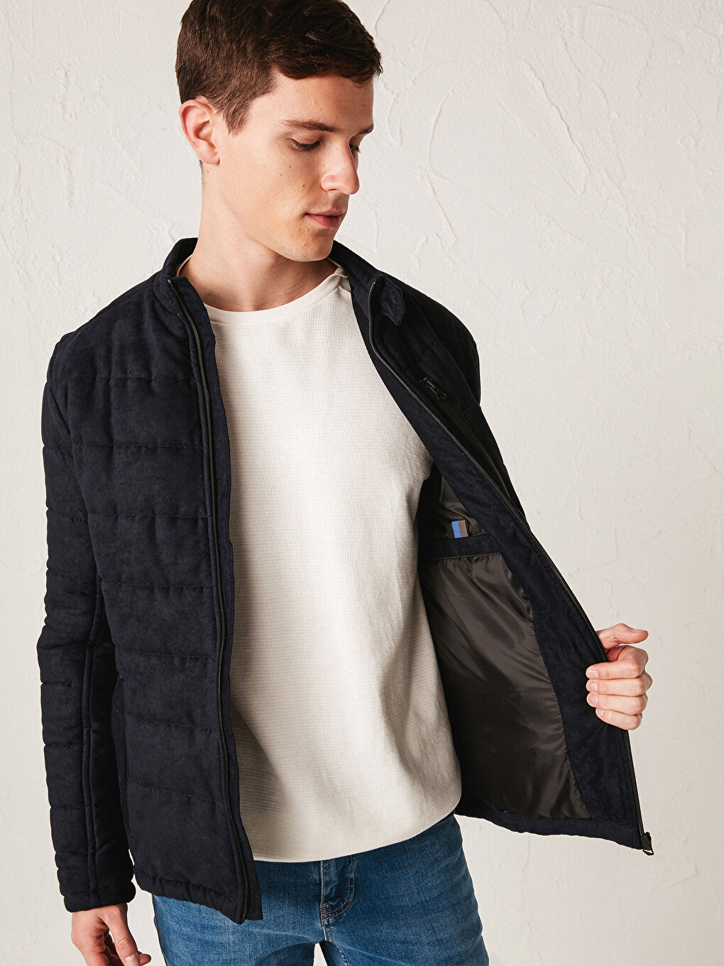 Slim Fit Funnel Neck Suede Men's Coat-3