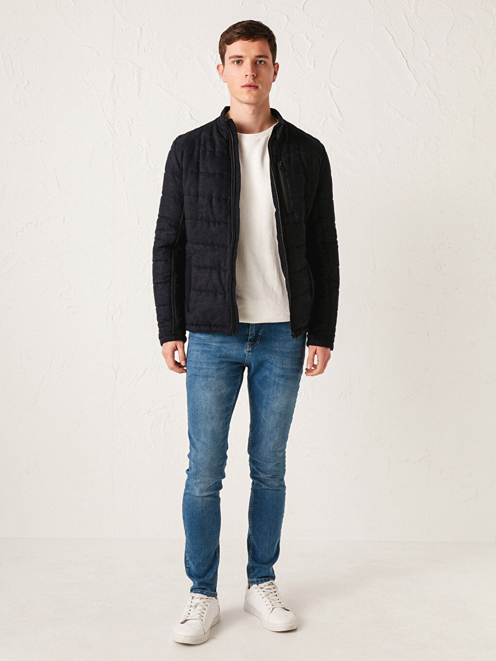 Slim Fit Funnel Neck Suede Men's Coat-4