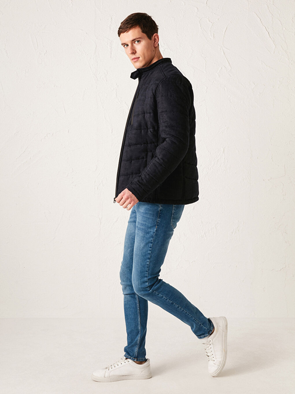 Slim Fit Funnel Neck Suede Men's Coat-5